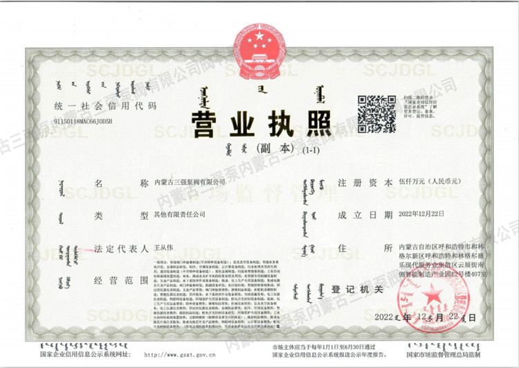 公司投資控股的“內(nèi)蒙古三強(qiáng)泵閥有限公司”正式注冊成立